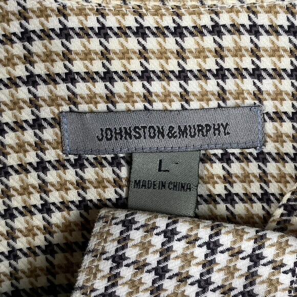 Johnston & Murphy Button Down Shirt Men's Large Brown Houndstooth Preppy Office - Picture 1 of 11